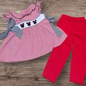 Red and White smocked Minnie Mouse Gingham Dress with Red Pants